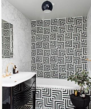 Black and white bathroom tile idea in Hollywood gut remodel