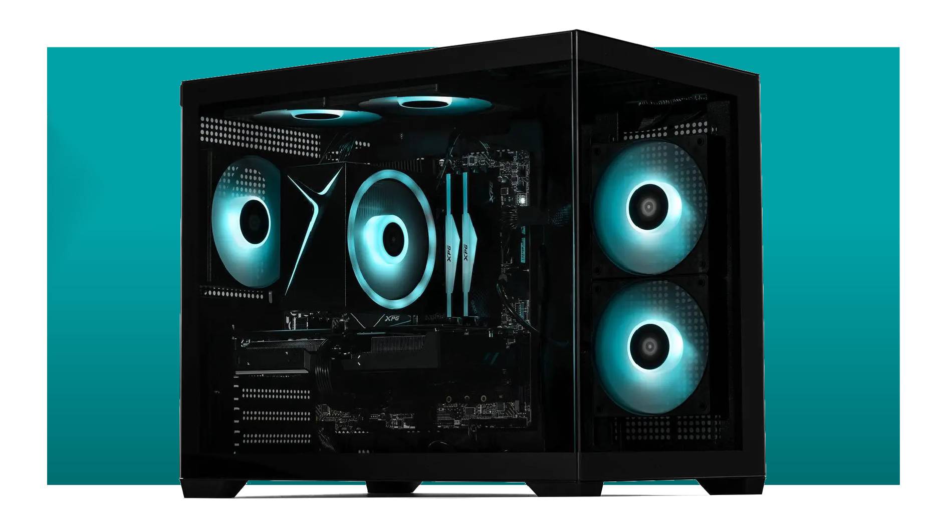 A Stormcraft Sirius gaming PC on a blue background