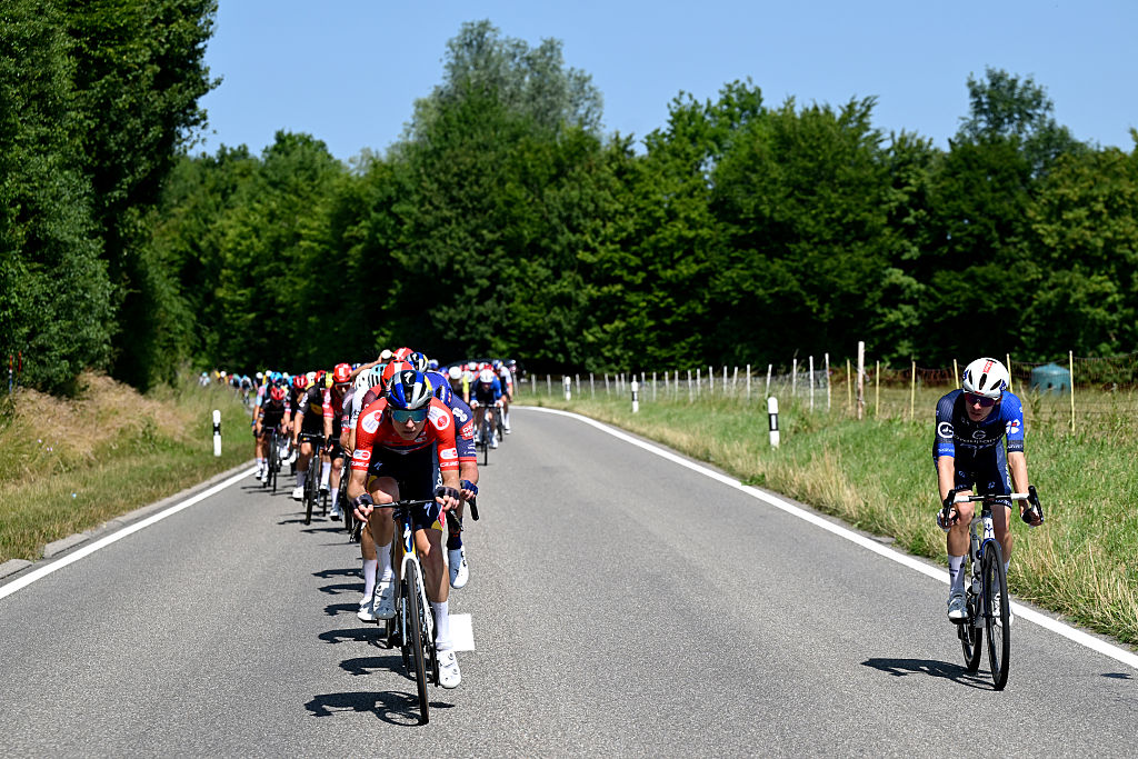 NEUHAUSEN AM RHEINFALL, SWITZERLAND - JUNE 20: (L-R) Aleksandr Vlasov of Russia and Team Red Bull - BORA - hansgrohe - Red Mountain Jersey and Romain Gregoire of France and Team Groupama - FDJ compete during the 88th Tour de Suisse 2025, Stage 6 a 186.7km stage from Chur to Neuhausen am Rheinfall / #UCIWT / on June 20, 2025 in Neuhausen am Rheinfall, Switzerland. (Photo by Tim de Waele/Getty Images)