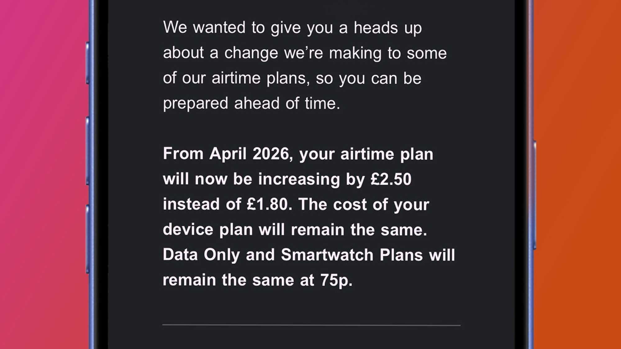 A phone on a red and orange background showing an email from O2 about a price rise.