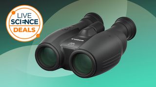 Canon 10x32 IS binoculars on a green background with a live science deals icon