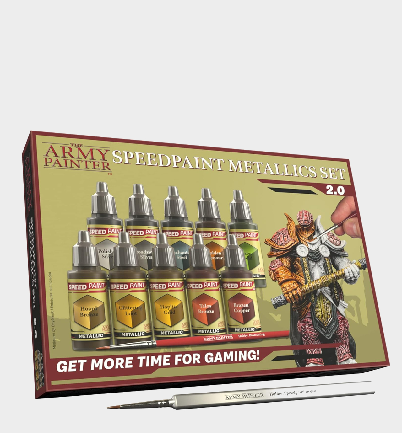 Army Painter Speed Paint Metallics set box and brush on a plain background