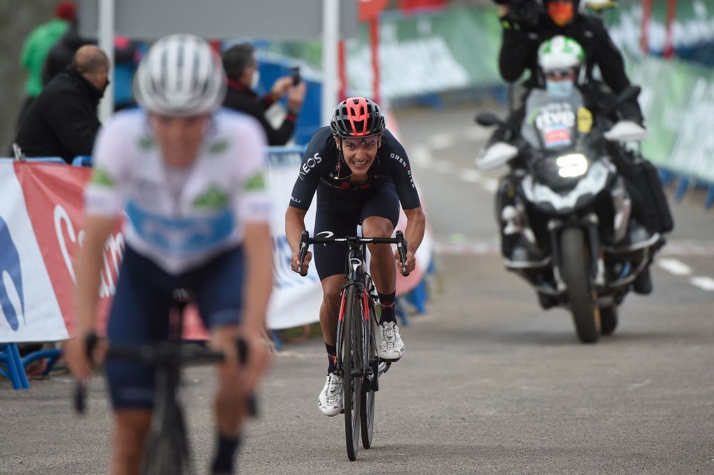 Team Ineos Ecuadorian rider Richard Carapaz speeds to the finishline during the 12th stage of the 2020 La Vuelta cycling tour of Spain a 1094km race from Pola de Laviana to Alto de lAngliru on November 1 2020 Photo by MIGUEL RIOPA AFP Photo by MIGUEL RIOPAAFP via Getty Images