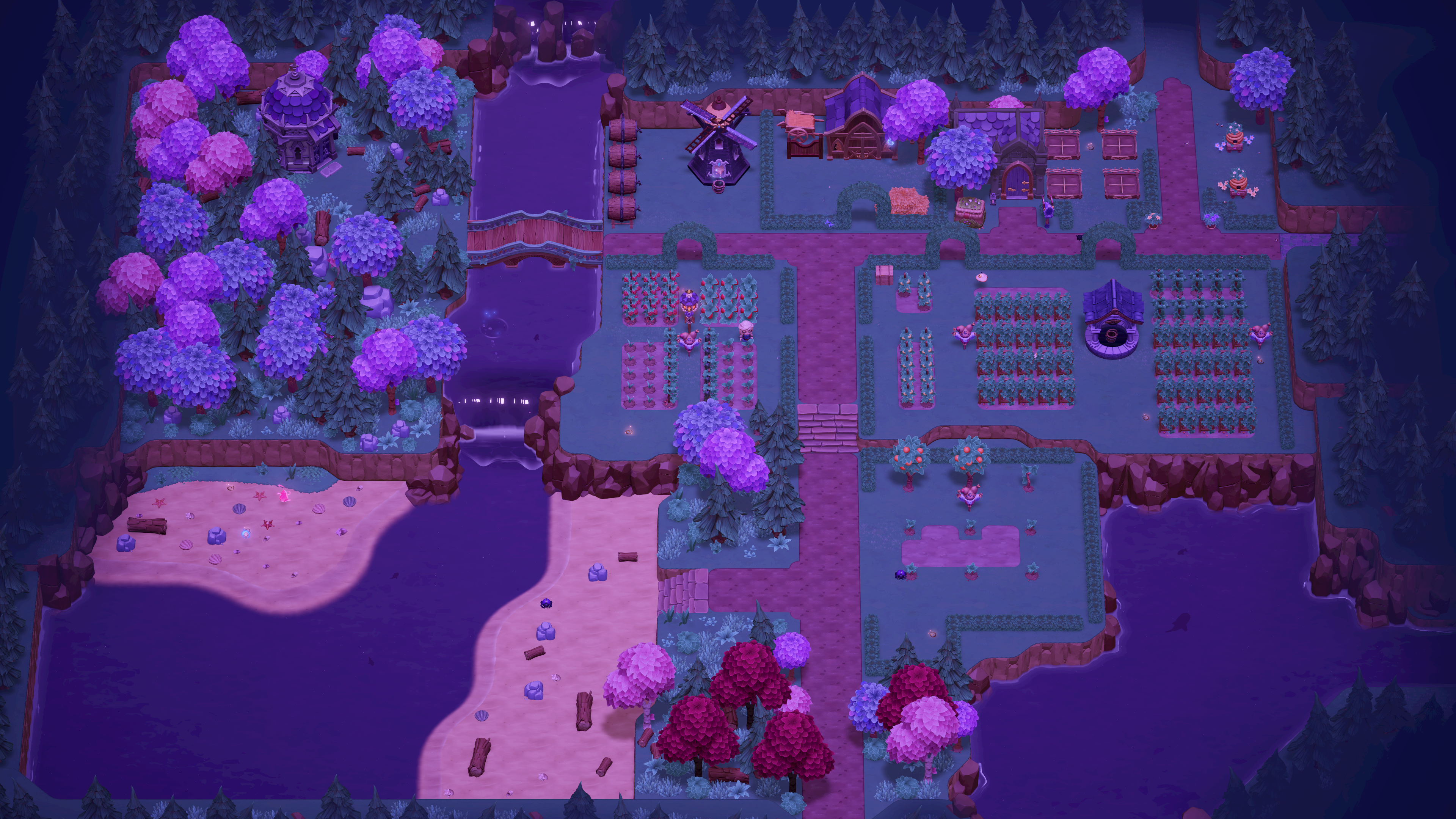 Moonlight Peaks - a full farm screenshot showing several plots of plants on the land.