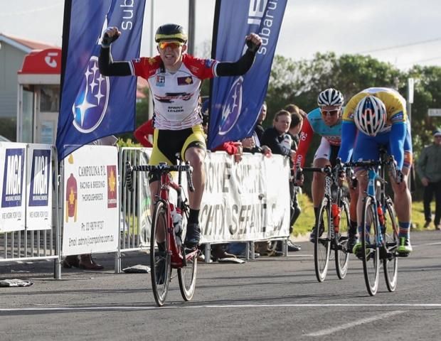 Jesse Kerrison (BudgetForklifts) gets the stage win ahead of Brenton Jones (Avanti)