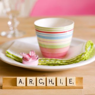 dining table with Scrabble letter tiles