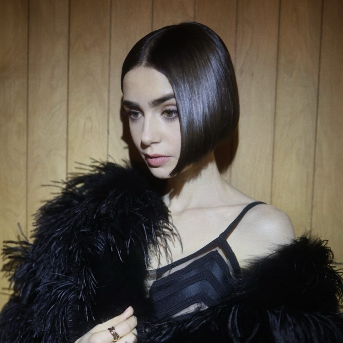 Lily Collins with a dark brunette shiny bob