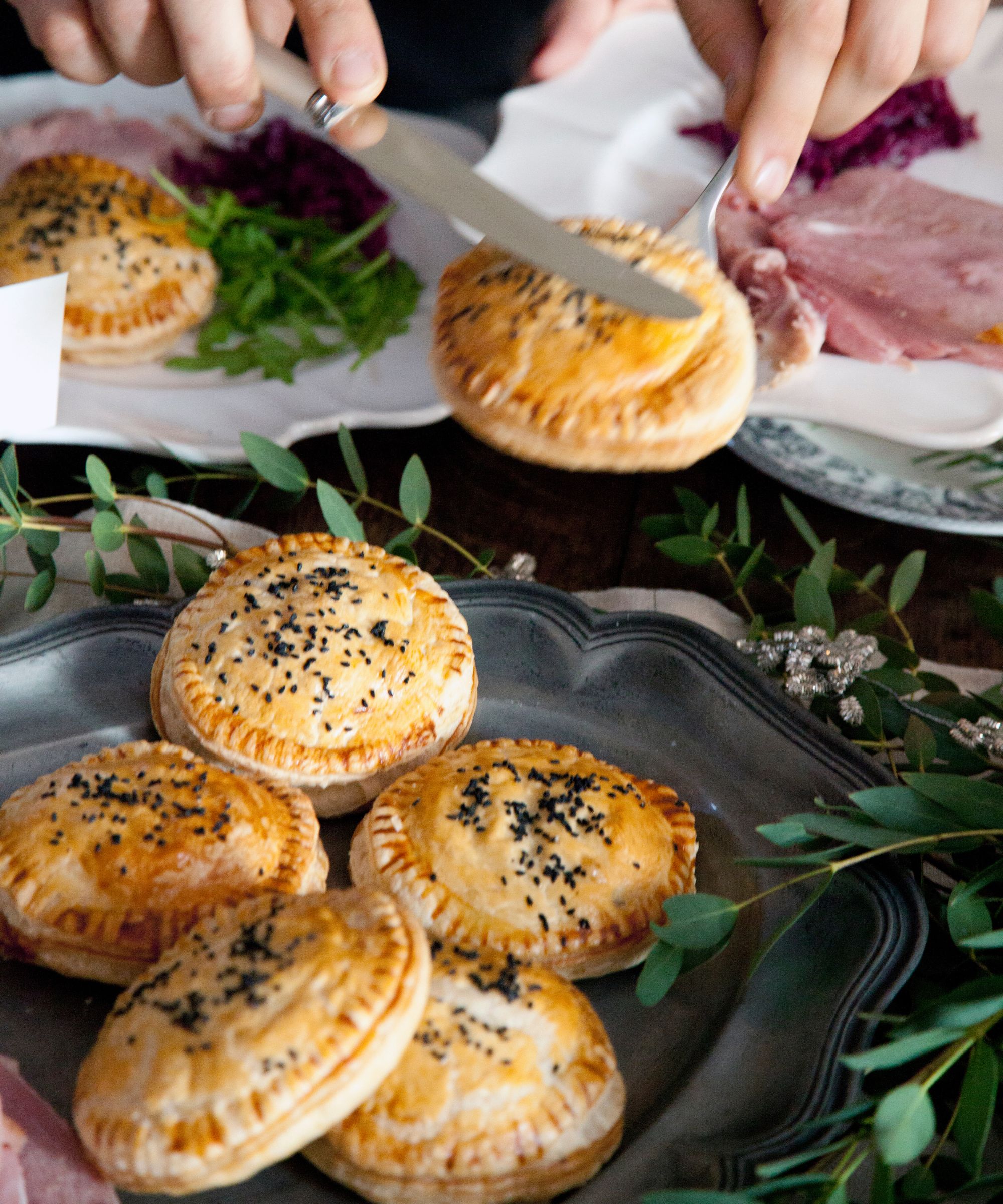 Mini puff pastry pies on a Christmas table