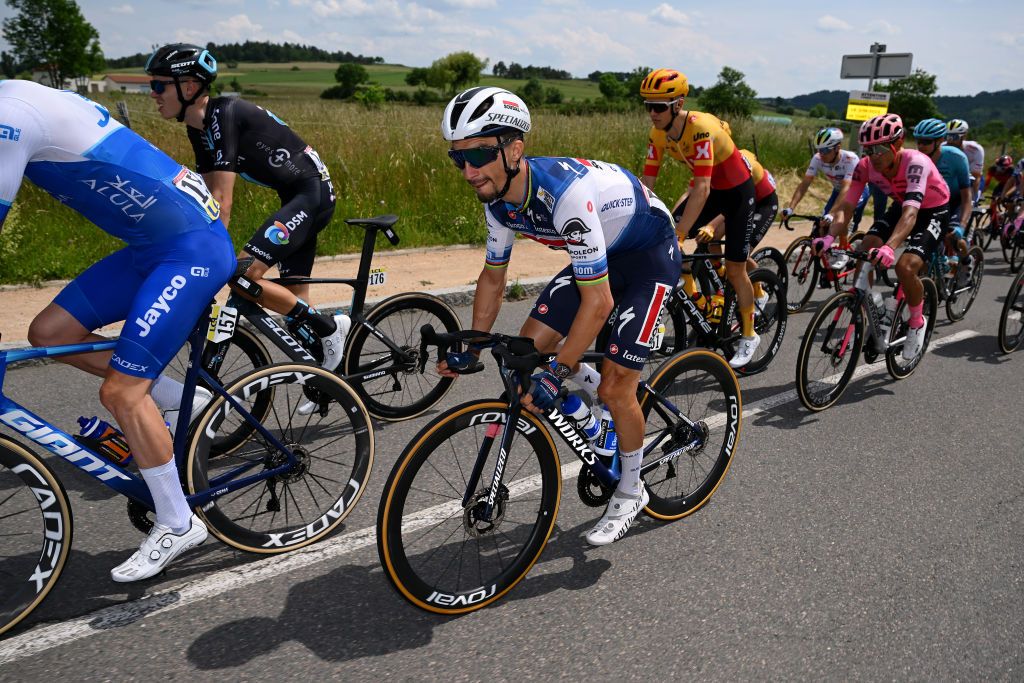 LE COTEAU FRANCE JUNE 06 Julian Alaphilippe of France and Team Soudal Quick Step competes during the 75th Criterium du Dauphine 2023 Stage 3 a 1941km stage from MonistrolsurLoire to Le Coteau UCIWT on June 06 2023 in Le Coteau France Photo by Dario BelingheriGetty Images