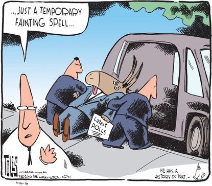 Political cartoon U.S. 2016 election temporary fainting spell