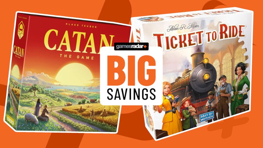 Catan and Ticket to Ride boxes on an orange background, with a GamesRadar+ badge reading &#039;big savings&#039; in front of them