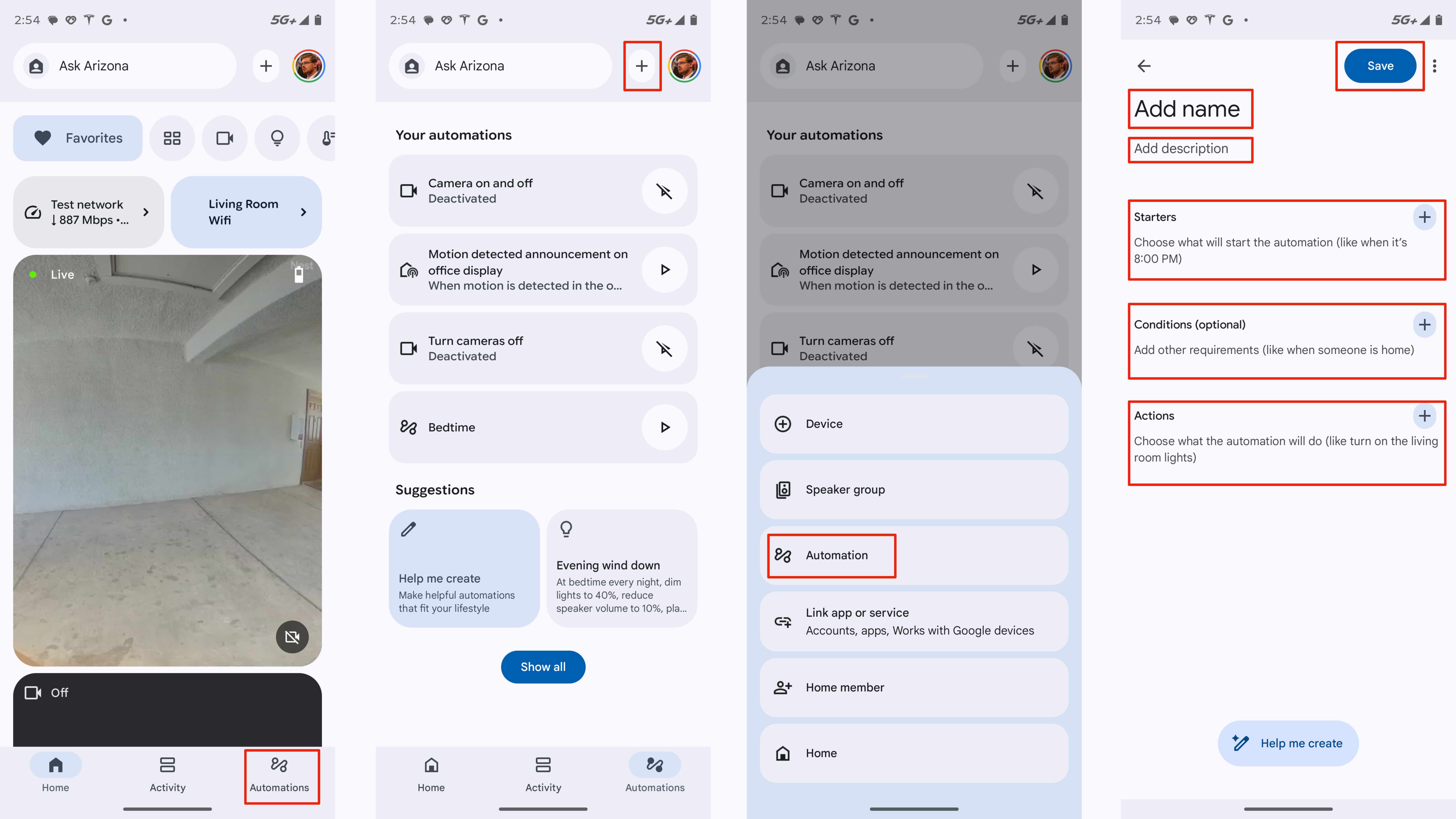 The steps for creating automations in the Google Home app.