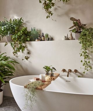 Spa-sanctuary bathroom with sleek bathtub, neutral scheme, and house plants