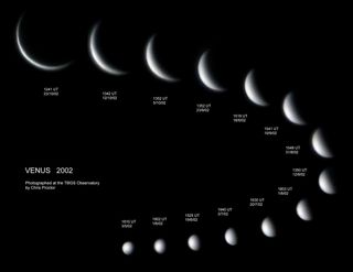 Chris Proctor captured this remarkable sequence of images of Venus between May 3 and Oct. 23, 2002. In that interval, the planet's disk grew from 11.4 to 59.3 arc seconds in diameter, and waned from nearly fully illuminated to a thin crescent. Because Venus is too close to the sun to observe at the conjunctions, this period runs from a few months after superior conjunction (when Venus is on the opposite side of the sun from Earth) to one week before inferior conjunction (when Venus is on the same side of the sun as Earth). The images are positioned to reflect Venus' position in its orbit.