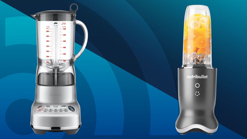 A Breville and a Nutribullet blender on a blue background