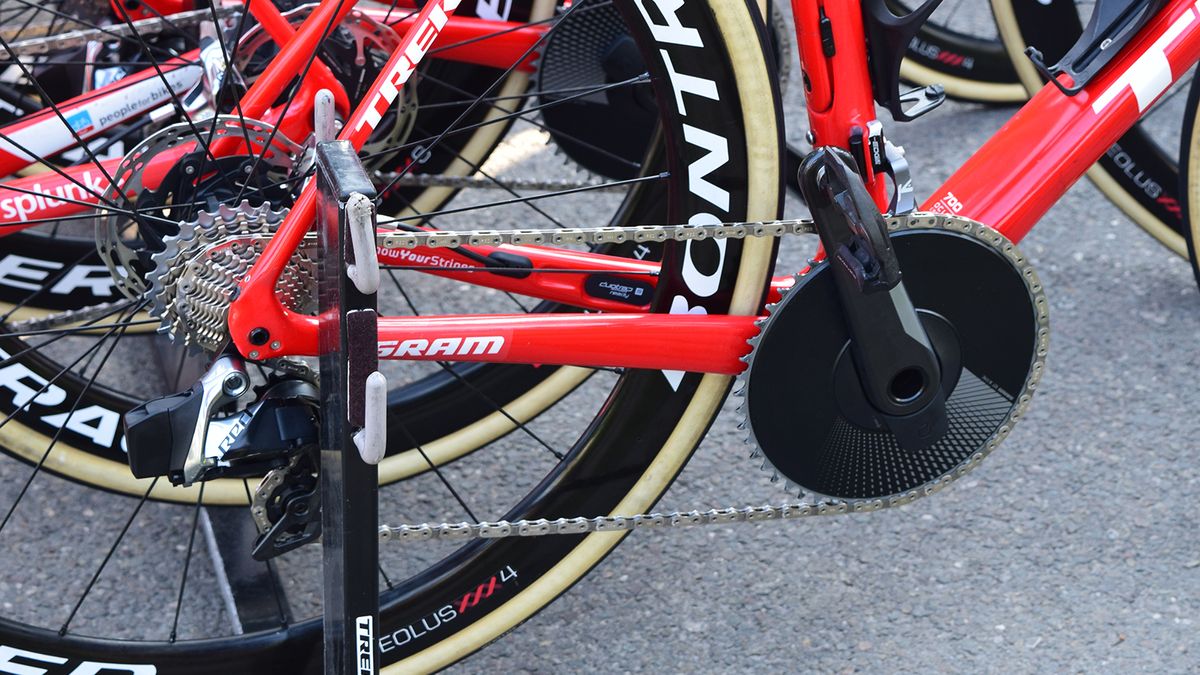 The entire Trek-Segafredo team ran their Trek Domane bikes with 1X drivetrain setups from SRAM