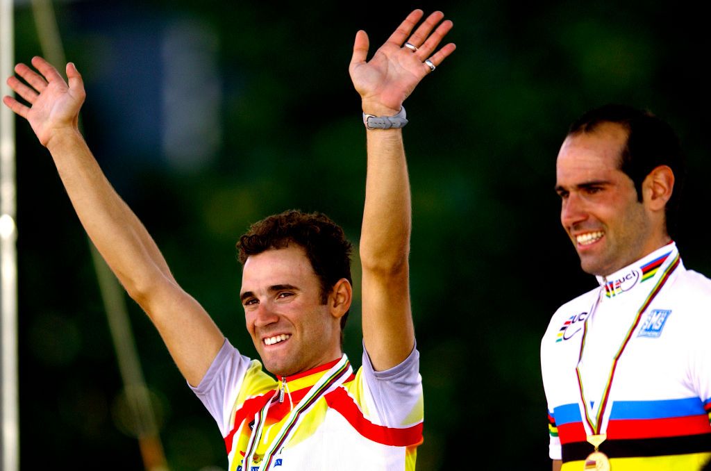 Alejandro Valverde on the 2003 podium alongside teammate Igor Astarloa