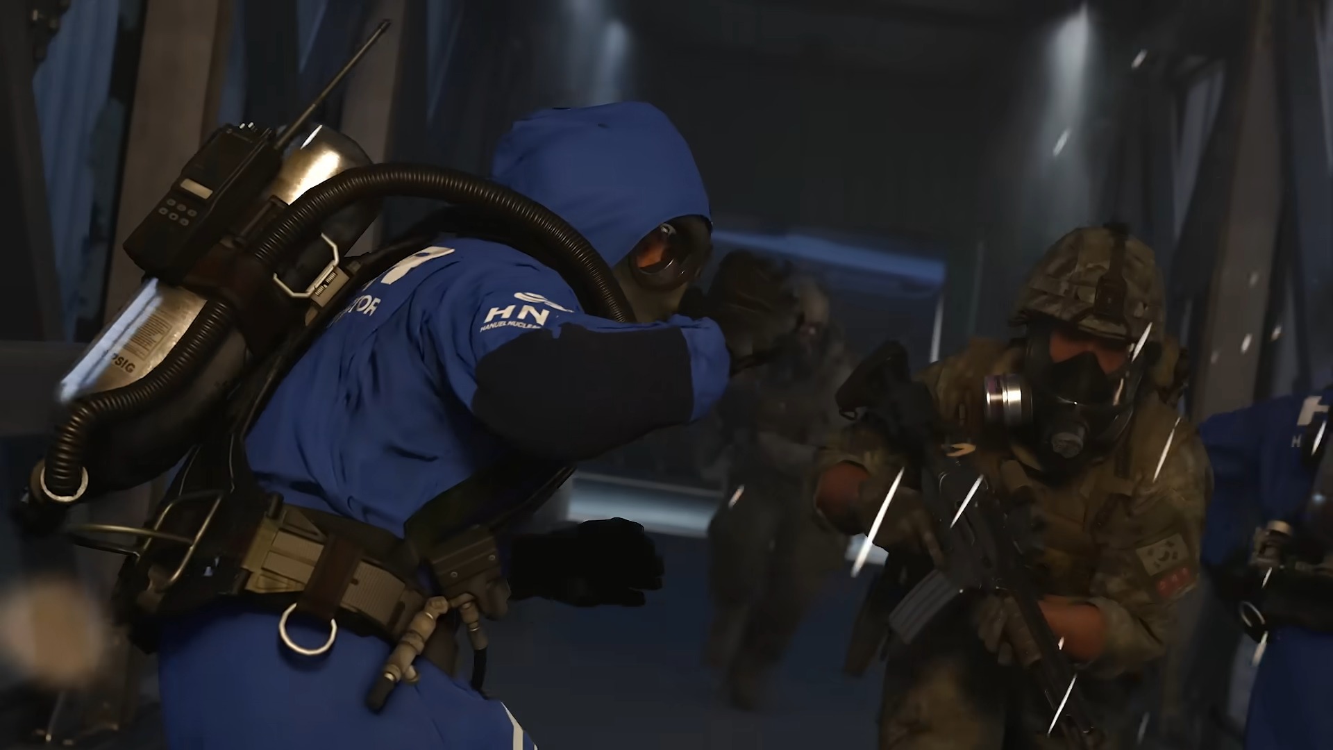 Call of Duty Modern Warfare 4 campaign mission screenshot from beta weekend 1 trailer showing a person in a blue hazmat suit running away while passing soldiers