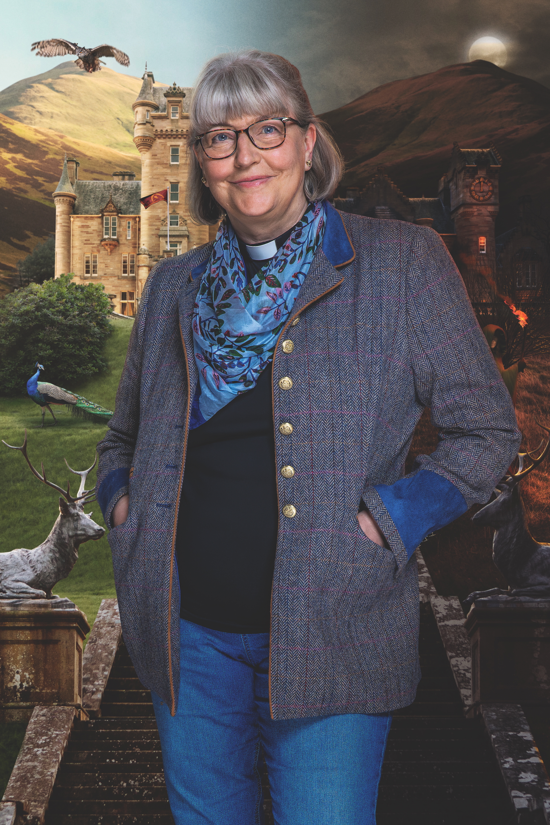 Reverend Lisa Coupland in front of The Traitors castle