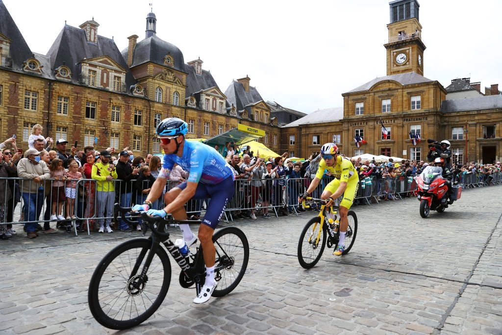 LONGWY FRANCE JULY 07 Wout Van Aert of Belgium and Team Jumbo Visma Yellow Leader Jersey prior to the 109th Tour de France 2022 Stage 6 a 2199km stage from Binche to Longwy 377m TDF2022 WorldTour on July 07 2022 in Longwy France Photo by Michael SteeleGetty Images