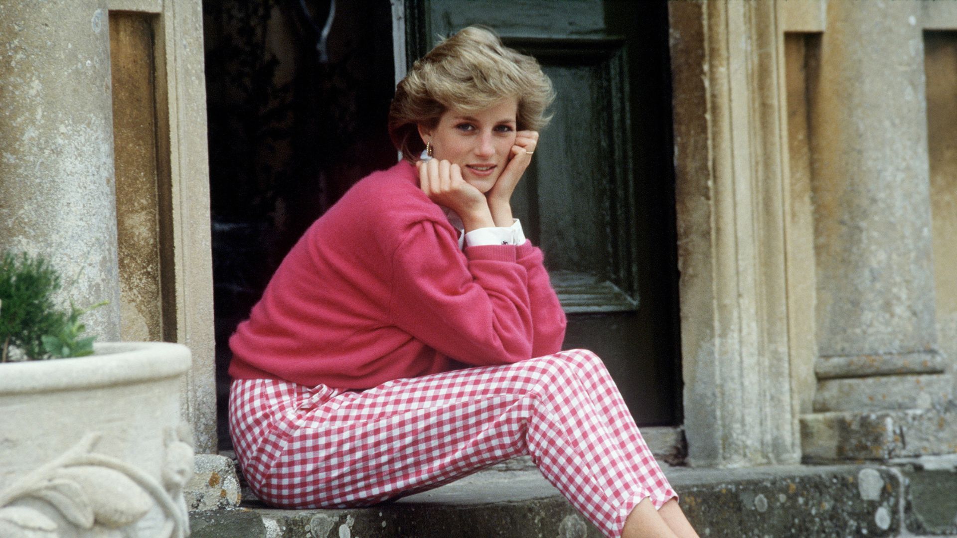Princess Diana sitting on a step at her home, Highgrove House in the late 1980s 