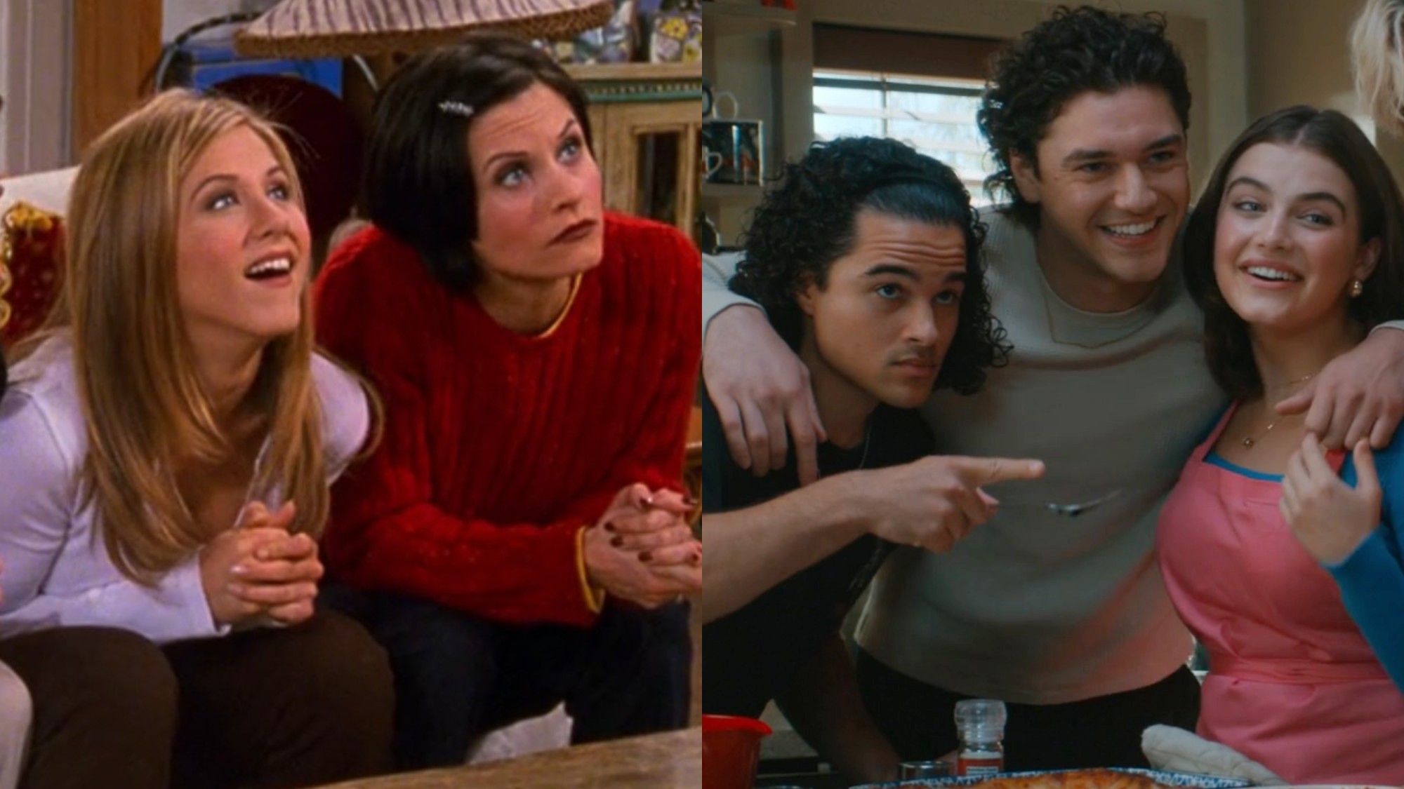 From left to right: Rachel and Monica looking up in Friends and Tucker, Garrett and Hannah smiling for a photo in Off Campus. 