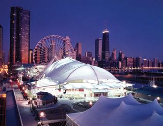 Fabric originally designed for Apollo spacesuits crowns buildings such as the Pepsi Skyline Stage on Navy Pier in Chicago (shown here), the University of La Verne's "Super Tents" in California and Palm Springs International Airport in California.