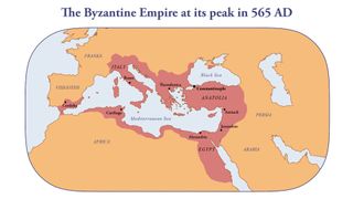 A map of the Byzantine Empire at its greatest extent in A.D. 565. 