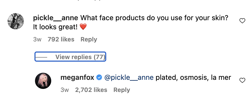A screenshot of comments on Megan Fox's Instagram about her skincare routine. An Instagram user asked, 