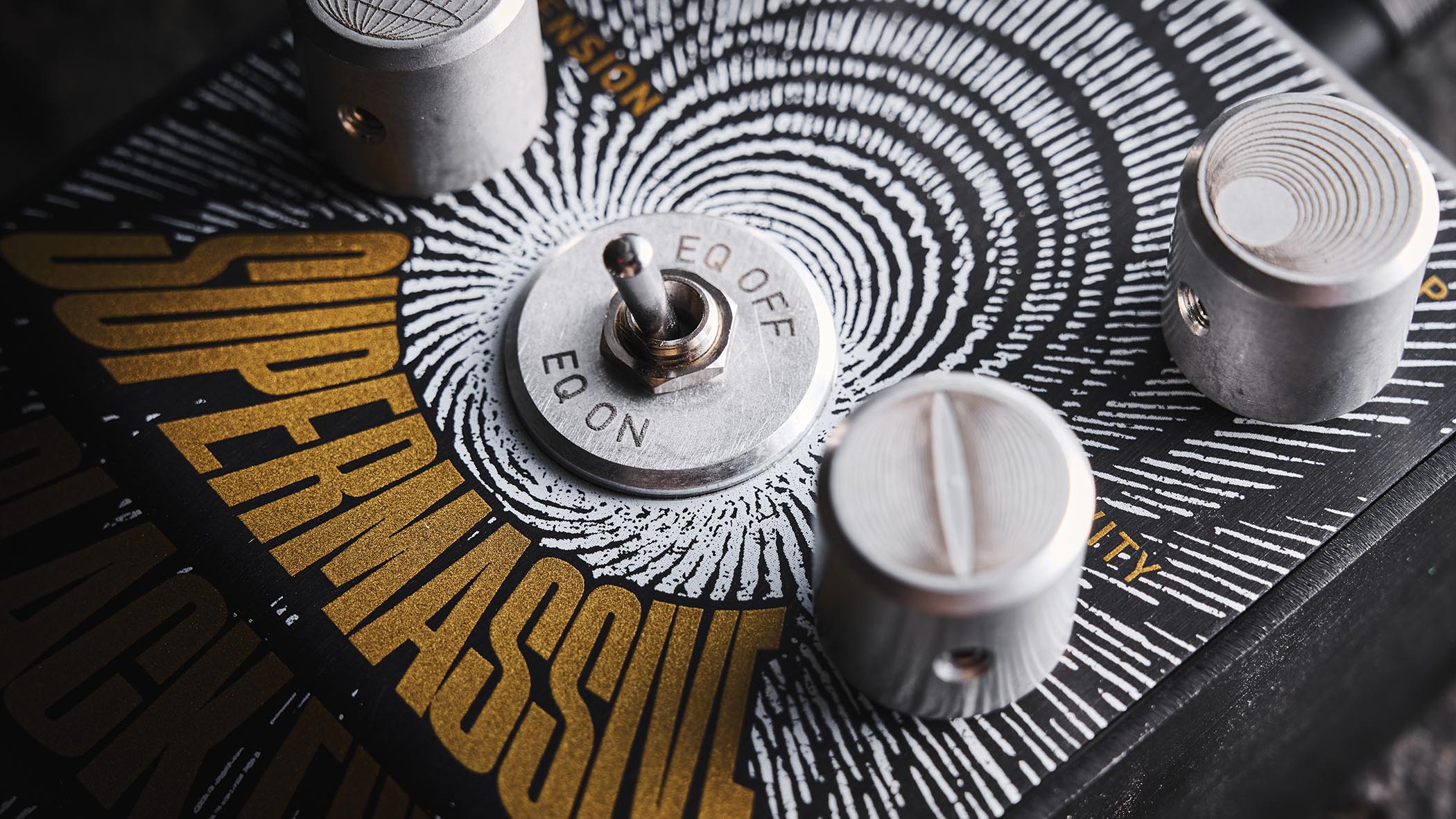The Manson Guitar Works Supermassive Black Fuzz has control knobs crafted from exceedingly strong 6082 T6 aluminium and each is engraved with unique custom art to&amp;nbsp;represent its function