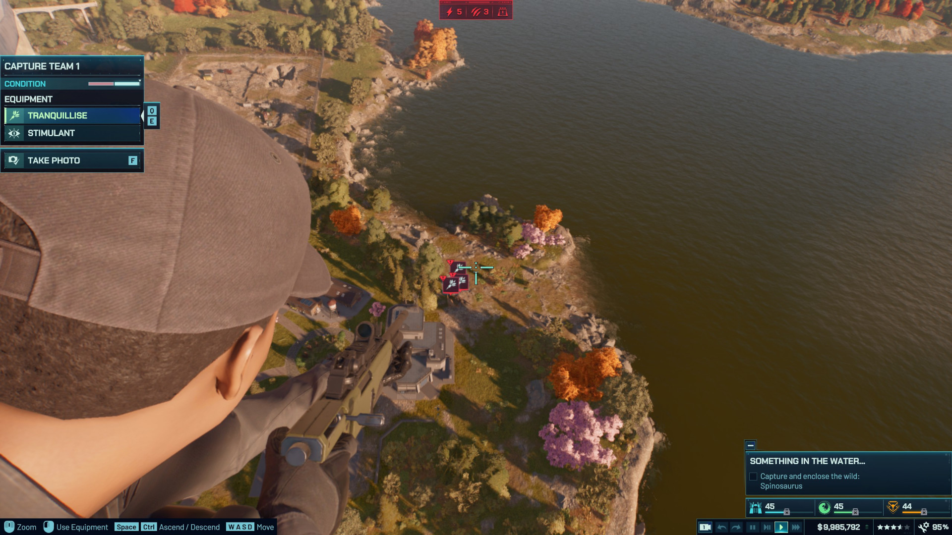 Aiming out of a helicopter with a tranq rifle to capture a spinosaurus in Jurassic World Evolution 3