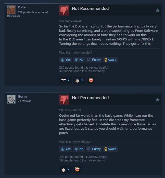 Negative Steam reviews for Shadow of the Erdtree explaining performance complaints.