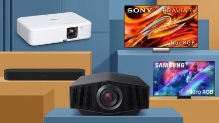 A selection of TVs, soundbars, and projectors.