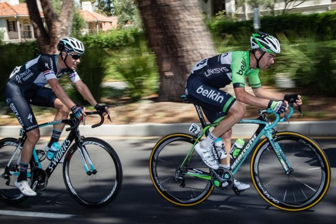Jack Bobridge (Belkin) leads Matteo Trentin (Omega Pharma-Quickstep) in the break