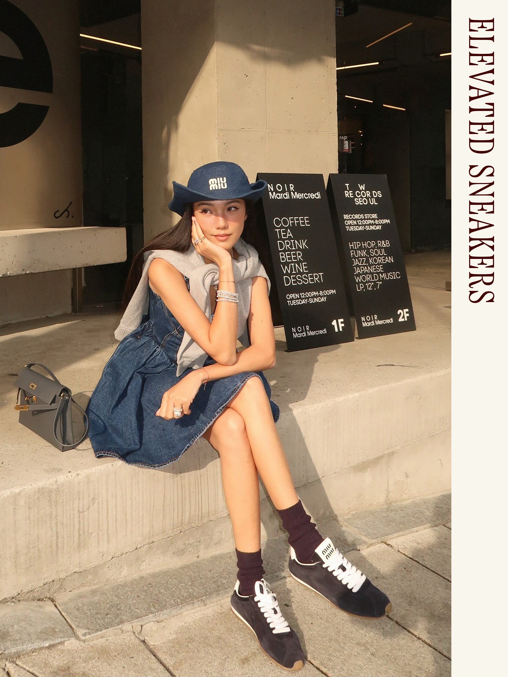 Influencer wearing a denim dress, Miu Miu cowboy hat, and Miu Miu sneakers