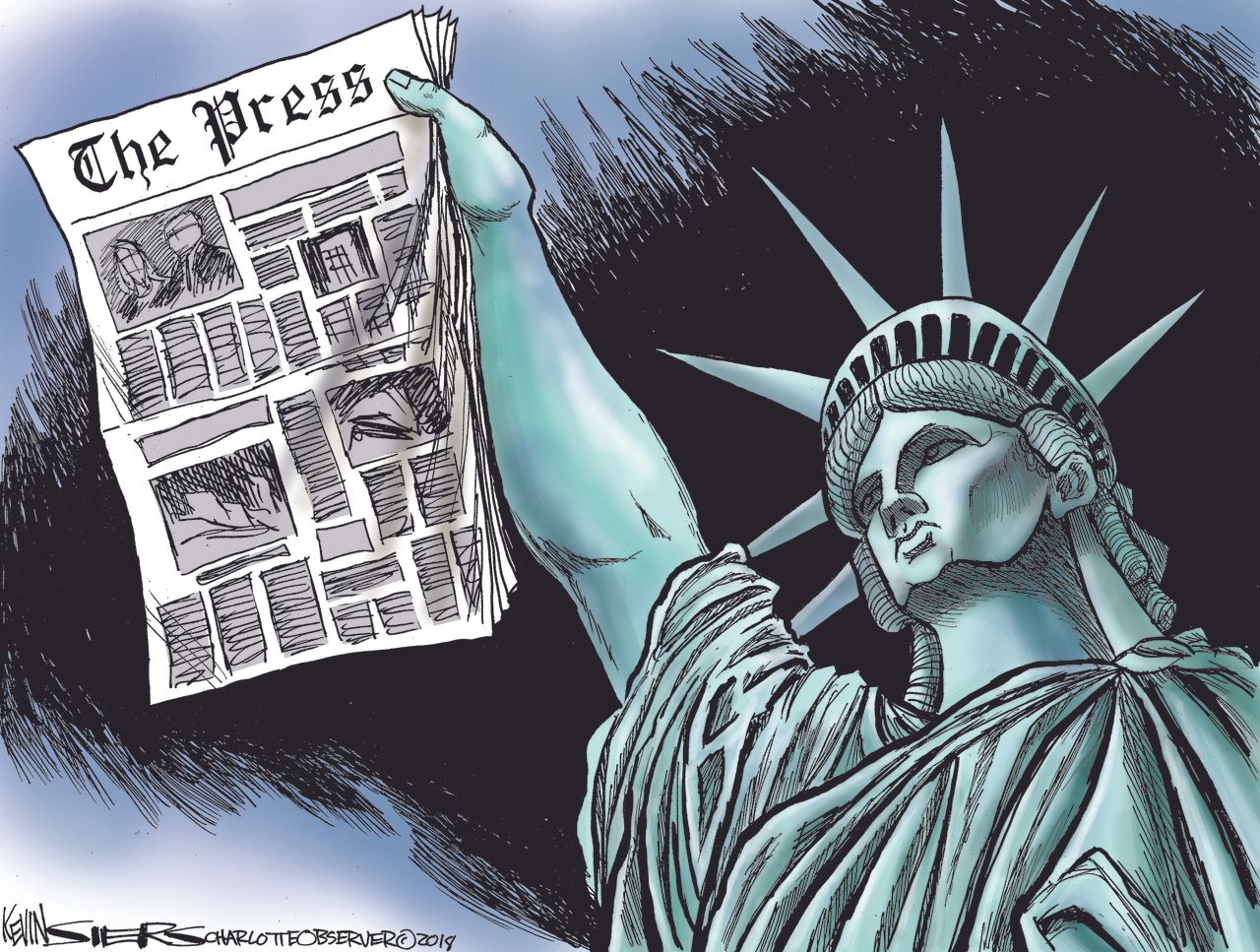 Political cartoon U.S. Trump press enemy of the people Statue of Liberty