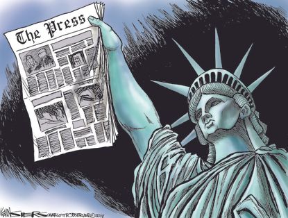Political cartoon U.S. Trump press enemy of the people Statue of Liberty