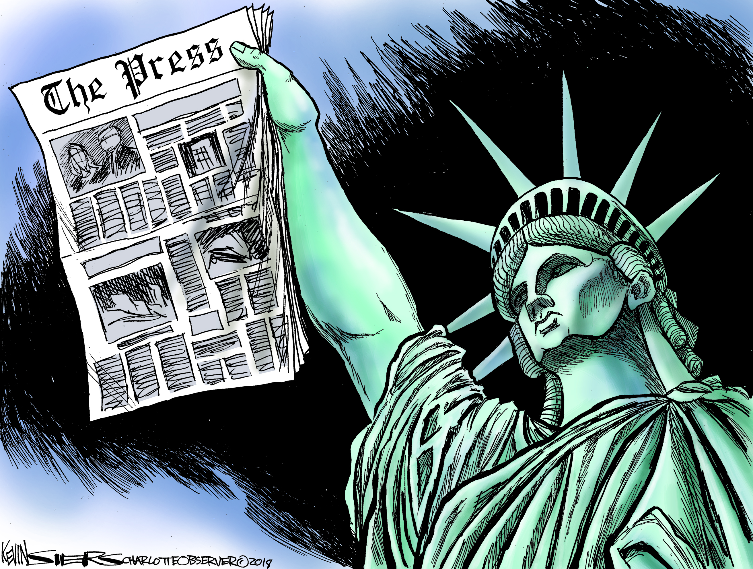 Political cartoon U.S. Trump press enemy of the people Statue of Liberty
