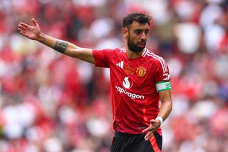 Manchester United squad for 2024/25 LONDON, ENGLAND - AUGUST 10: Bruno Fernandes of Manchester United gestures during the 2024 FA Community Shield match between Manchester United and Manchester City at Wembley Stadium on August 10, 2024 in London, England. (Photo by Chris Brunskill/Fantasista/Getty Images)