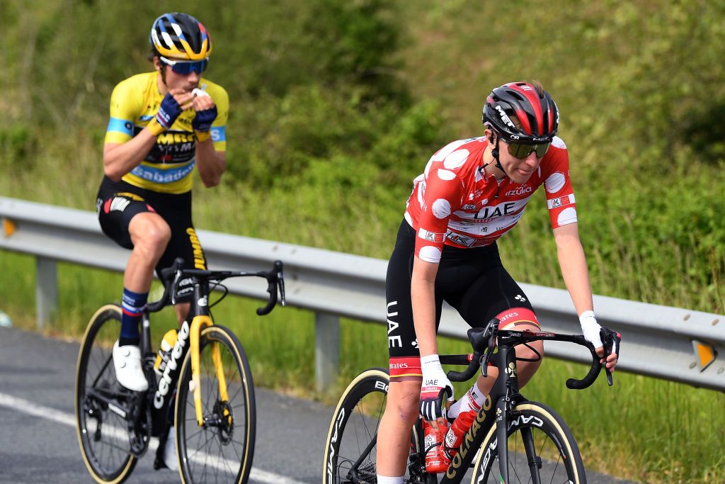 Primoz Roglic (Jumbo-Visma) and Tadej Pogačar (UAE Team Emirates) during stage 4 of Itzulia Basque Country