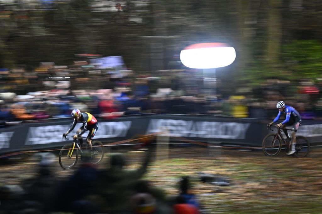 Belgian Wout Van Aert and Dutch Mathieu Van Der Poel pictured in action during the men elite race of the Superprestige Diegem 6th stage out of 8 in the Superprestige cyclocross cycling competition in Diegem Wednesday 28 December 2022BELGA PHOTO JASPER JACOBS Photo by JASPER JACOBS BELGA MAG Belga via AFP Photo by JASPER JACOBSBELGA MAGAFP via Getty Images