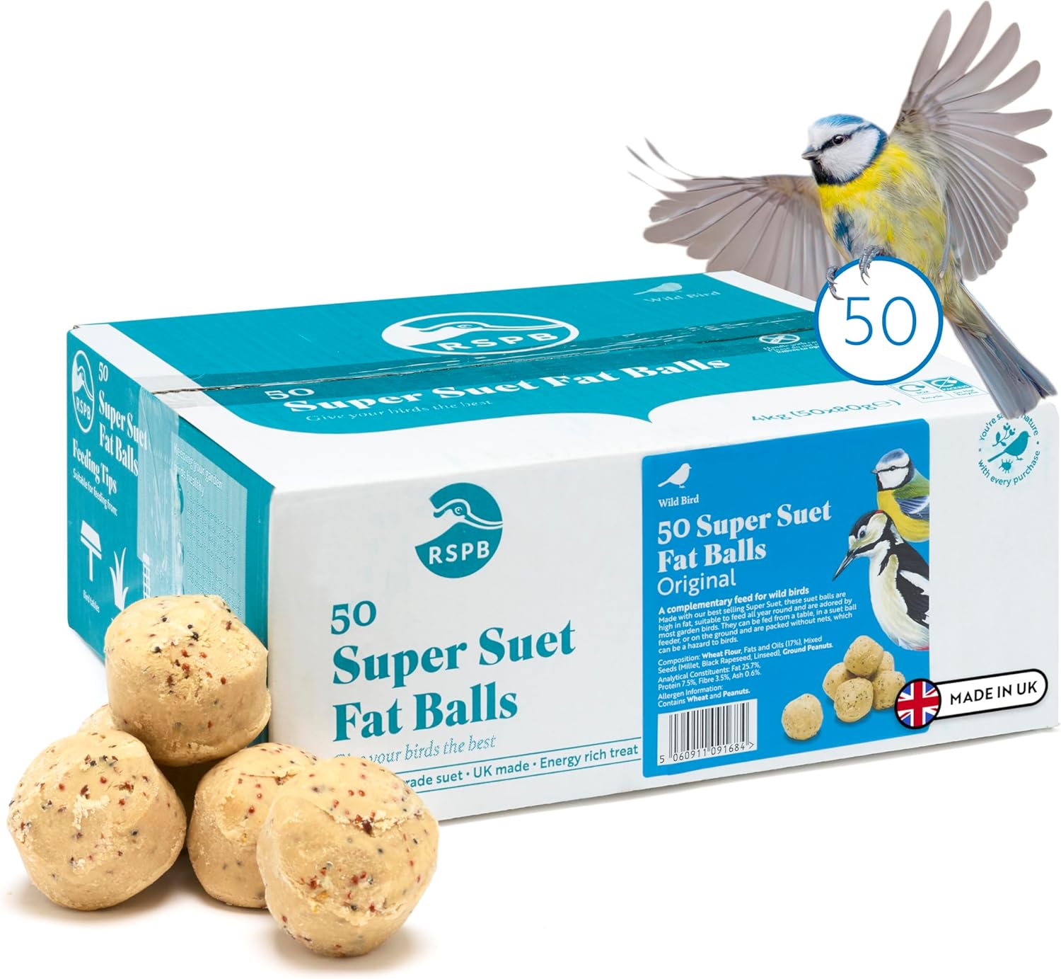 Rspb - Fat Balls for Wild Birds, High Energy Suet Balls, Made in the Uk, Delicious and Nutritious Bird Food, Suitable for Year-Round Feeding (box of 50)