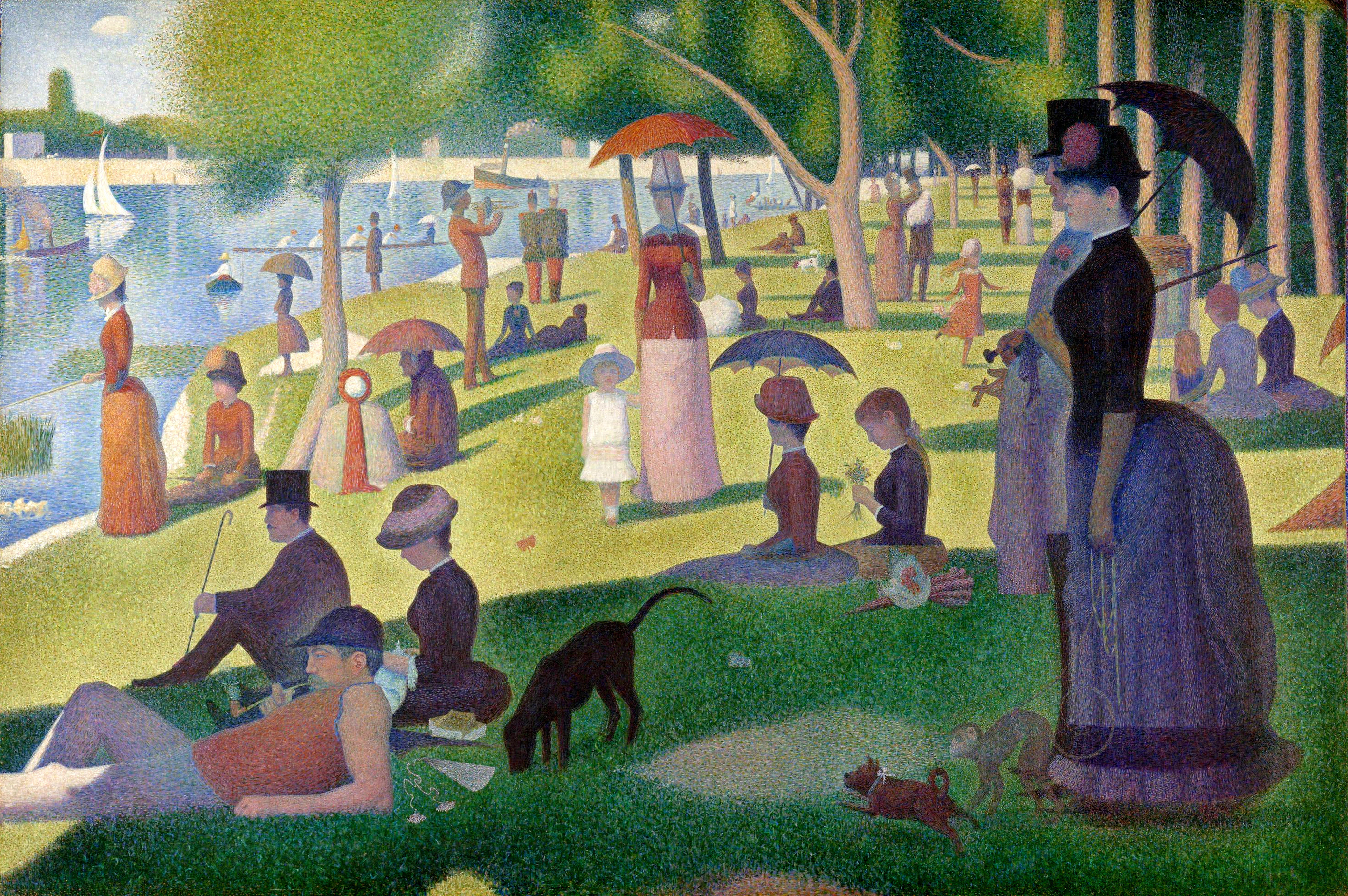 A Sunday Afternoon on the Island of La Grande Jatte by Georges Seurat. Men, women, children and dogs enjoy a sunny afternoon by a river