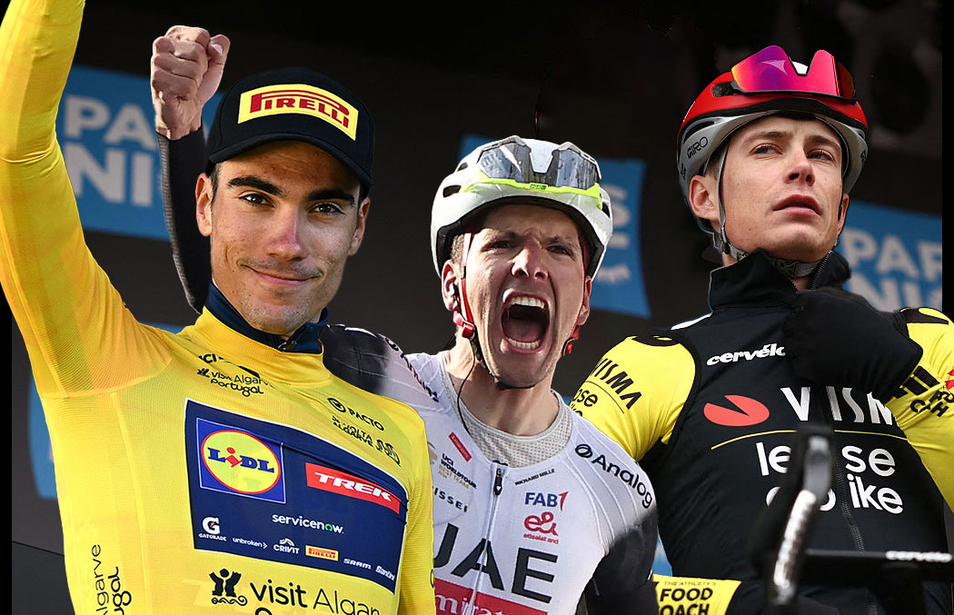 Composite image of Juan Ayuso (celebrating as winner of the Volta ao Algarve 2026), Jo&atilde;o Almeida (celebrating after beating Jonas Vingegaard on stage 4 of Paris-Nice 2025) and Vingegaard (before stage 5 of Paris-Nice 2025) looking pensive