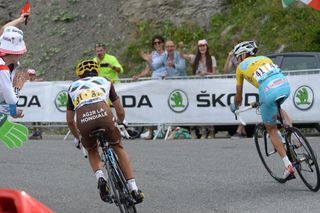 Vincenzo Nibali leads Jean Christophe Peraud up the final climb