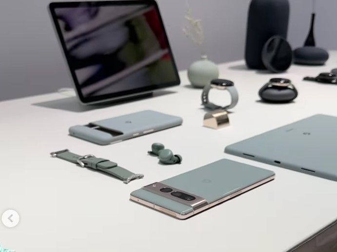 Pixel Tablet laid on a table along with other Google devices