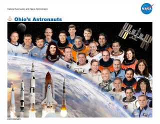 NASA "Ohio Astronauts" lithograph depicting 25 space explorers from the "Buckeye State."