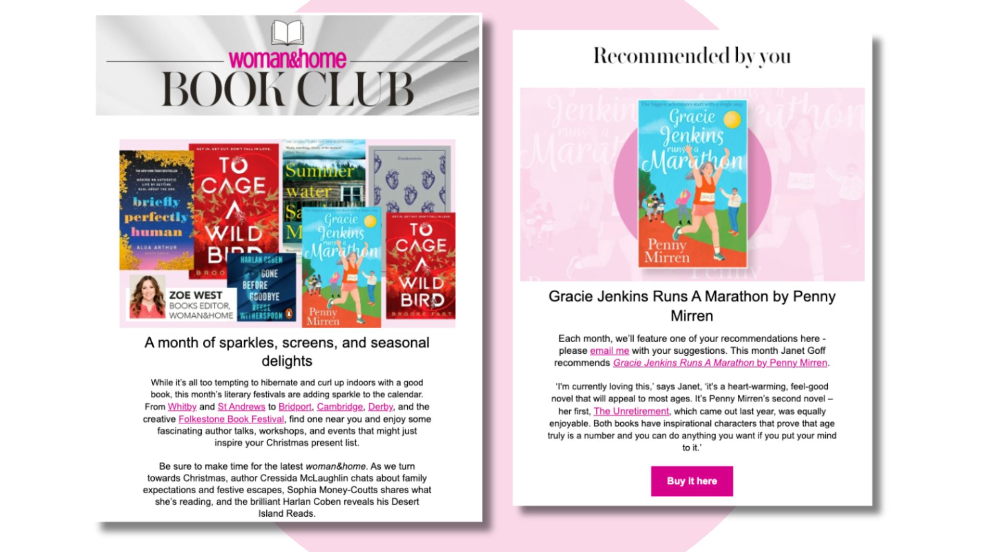 A screenshot of the November woman&amp;amp;home Book Club newsletter, featuring Zoe West&#039;s editors letter and a book recommended by a reader
