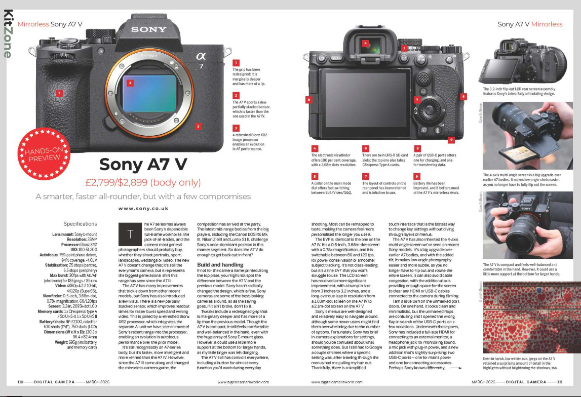 Image showing the first two pages of the Sony A7 V camera hands-on preview, in issue 304 (March 2026) of Digital Camera magazine