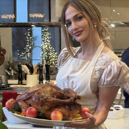 jennifer lopez wears a silk dress for thanksgiving 2025